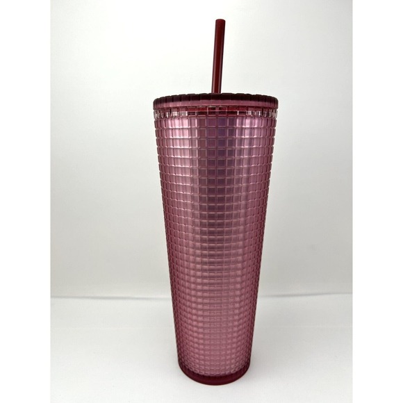Starbucks Venti Dusty Rose Pink Shimmer Grid Tumbler 24oz Cold Cup 2022 Berry - Picture 4 of 10